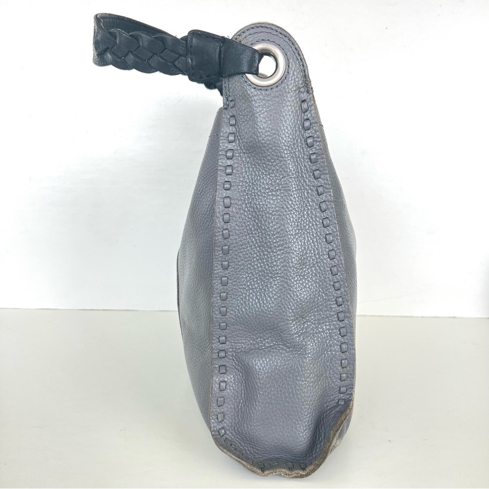 LUCKY BRAND Gray Pebbled Leather Black Braided Handles Stitching Shoulder Tote - Picture 5 of 12